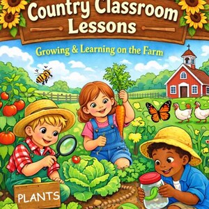 May include: A vibrant illustration for a children's book cover, "Winkleberry Farm's Country Classroom Lessons." The image shows children in a garden with vegetables, a red barn, and the text "Growing & Learning on the Farm."