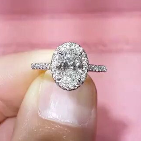 Halo Moissanite Ring, Vintage 2.0 Carat Oval Cut Platinum Engagement Ring, 4 Claw Prong Basket Set Designer Wedding Promise Ring