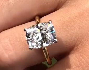 Anillo de compromiso Moissanite de corte cojín de 3 ct, anillo de corte cojín, cojín alargado, anillo para ella, regalo para niña, regalo para el amor