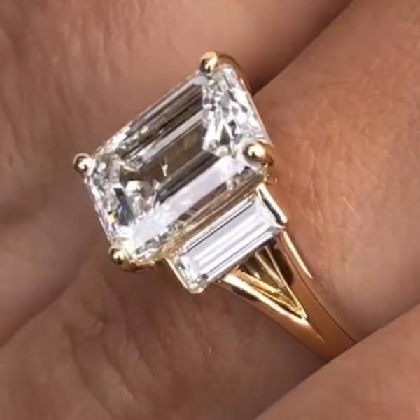 3.0 CT Excellent Emerald Cut Trilogy-Emerald Three Stone Ring-14k Solid Yellow Gold-Split Shank-Wedding Ring-Handmade Gold Jewelry For Her
