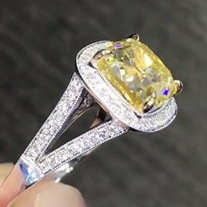 2.50 CT Cushion Cut Canary Yellow Moissanite Engagement Ring, Solitaire Wedding Ring, Claw Prongs, Ring for Women, Handmade Ring, Gift Ring