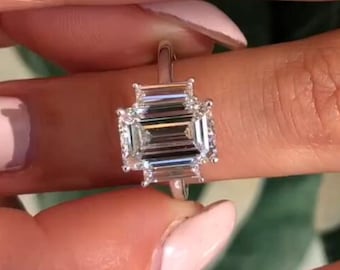 Drie stenen Emerald Cut Moissanite verlovingsring, 3CT Emerald Cut verlovingsring, Moissanite verlovingsring, drie stenen Emerald Cut Ring