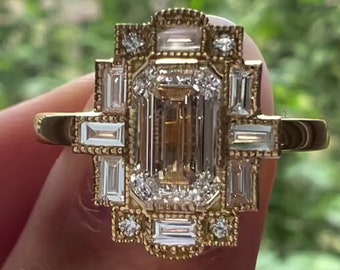 2.0 CT Art Deco Emerald Cut Moissanite Engagement Ring, 14K Yellow Gold Bridal Ring For Her, Vintage Style Halo Ring, Wedding Ring For Women