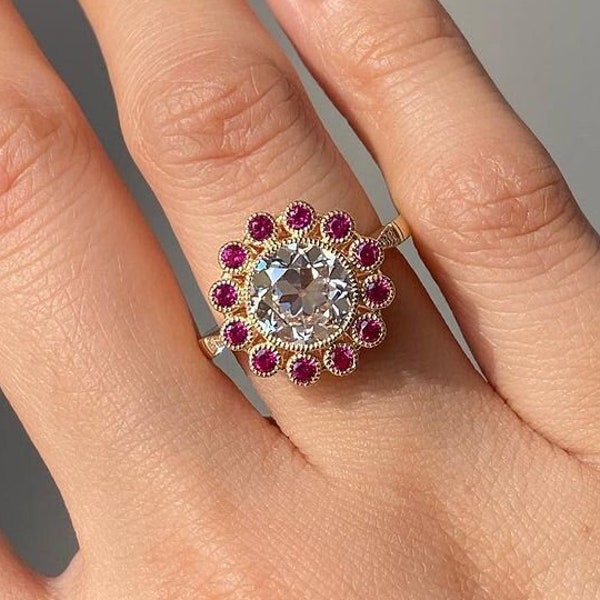 Round Brilliant Cut with Row Pink Sapphire & Cubic zirconia Diamond Engagement Ring In White Gold, Gift for her, Flower type ring for girl