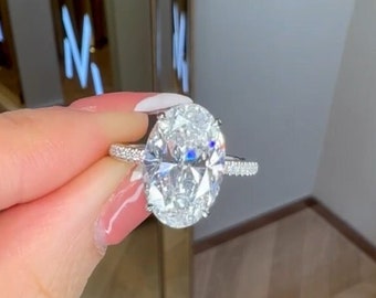 Anello di fidanzamento con alone nascosto Eternity in Moissanite taglio ovale allungato da 5 ct, anello di proposta per lei, anello nuziale in oro massiccio 10kt, anello da donna.