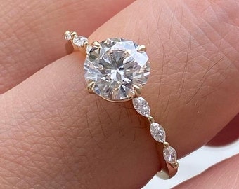 2 Carat Wonderful Round Cut Moissanite Engagement Ring, Side Stone Marquise Cut Moissanite Shared Prong Ring, Solitaire Wedding Ring