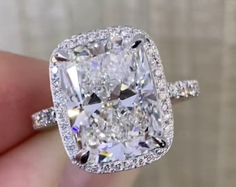 4 karat förlängd kuddslipad moissanit förlovningsring med dold gloria i 14 karat massivt guld, vintage-löftesring, jubileumsring, present till henne