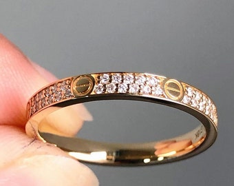 Aliança de ouro maciço 14k com aliança completa / Anel de casamento com moissanita de corte redondo / Anel infinito empilhável / Presente de aniversário para mulheres