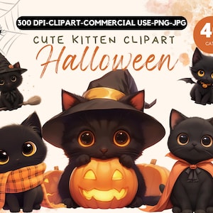 40 Watercolor Cute Halloween Cat Clipart, Cat Halloween, Halloween PNG Bundle, Witch, Ghost, Spider, Pumpkins, Digital Paper Craft