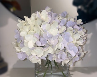 Purple and Cream Faux Hydrangeas Arrangement in Acrylic Water Glass Vase, RealTouch, Artificial Flower, Centrepiece, Decor Flowers, Florals