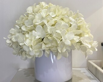 Cream artificial hydrangeas arrangement in white gloss glass vase, High Quality, RealTouch, Artificial Flower, Centrepiece, Decor Flowers