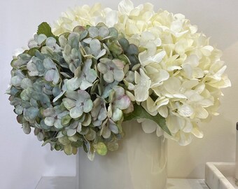 White and green artificial hydrangeas in sage green glass vase, High Quality, RealTouch, Artificial Flower, Centrepiece, Decor Flowers