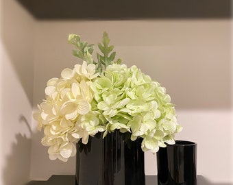 Real Touch Cream and Light Green Hydrangea Arrangement in Black Glass Vase, High Quality, Artificial Flower Decor, Centrepiece, Hallway Deco