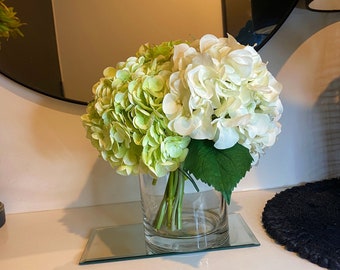 White and Green Hydrangeas Arrangement in Glass Vase, High Quality, Real Touch, Artificial Flower Decor, Centrepiece, Hallway Decor