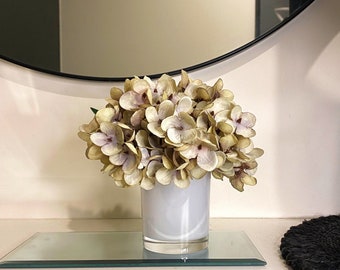 faux silk hydrangeas in pearl white glass vase, floral arrangement, centrepiece, artificial flower arrangement, home decor