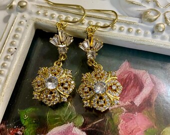 Sparkly Gold Floral Dangle Earrings, Rhinestone Wedding Jewelry