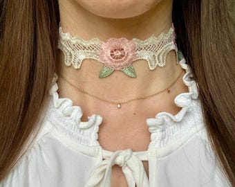 Floral lace choker beige and pink Victorian choker elegant lace choker cottagecore floral choker fairycore style lace choker with flowers