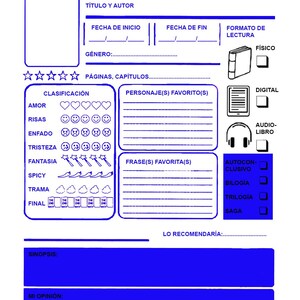 Puede incluir: Un registro de lectura imprimible azul y blanco con secciones para el título del libro, el autor, la fecha de inicio, la fecha de finalización, el género, el número de páginas, los capítulos, el personaje favorito, la cita favorita, el formato y un sistema de calificación. El registro también incluye secciones para una sinopsis, una opinión personal y si el lector recomendaría el libro.
