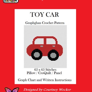May include: A red toy car crochet pattern with a white background. The pattern is 65 stitches by 65 stitches and can be used for a pillow, a crochet quilt, or a panel. The pattern includes a graph chart and written instructions. The pattern is designed by Courtney Wecker.