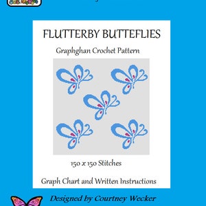 May include: A crochet pattern for a butterfly graphghan with blue butterflies on a white background. The pattern is 150 stitches by 150 stitches and includes a graph chart and written instructions. The pattern is designed by Courtney Wecker.