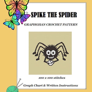 May include: A crochet pattern for a spider called Spike. The pattern includes a graph chart and written instructions. The spider is black and white and has a friendly face. The pattern is 100 x 100 stitches.
