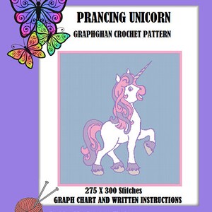 May include: A crochet pattern for a prancing unicorn graphghan. The pattern includes a graph chart and written instructions. The unicorn is white with pink and purple accents. The pattern is designed by Courtney Wecker.