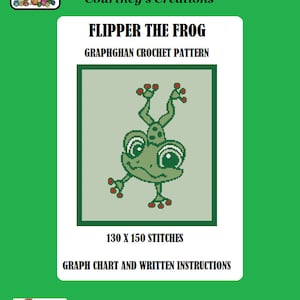 May include: A crochet pattern for a green frog with red accents. The pattern is called "Flipper the Frog" and is 130 x 150 stitches. The pattern includes a graph chart and written instructions. The pattern is designed by Courtney Wecker.