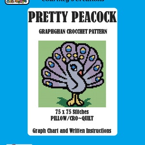 May include: A crochet pattern for a peacock pillow or quilt. The pattern is 75 stitches by 75 stitches and includes a graph chart and written instructions. The pattern is designed by Courtney Wecker.