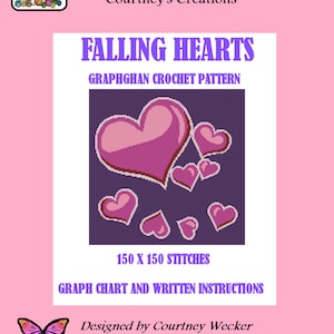 May include: A crochet pattern for a graphghan featuring a design of falling hearts. The pattern is titled "Falling Hearts" and includes a graph chart and written instructions. The pattern is 150 stitches by 150 stitches.
