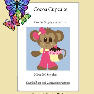 Könnte beinhalten: Ein Häkel-Graphghan-Muster mit einem Affen, der einen Cupcake hält. Das Muster trägt den Titel "Cocoa Cupcake" und ist für 200 x 200 Maschen konzipiert. Das Muster enthält ein Diagramm und schriftliche Anweisungen.