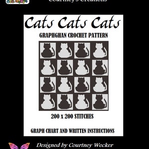 Puede incluir: Un patrón de crochet para un graphghan con un patrón repetitivo de gatos negros y blancos. El patrón se titula "Cats Cats Cats Graphghan Crochet Pattern" e incluye un gráfico y instrucciones escritas. El patrón está diseñado por Courtney Wecker y tiene 200 x 200 puntos.