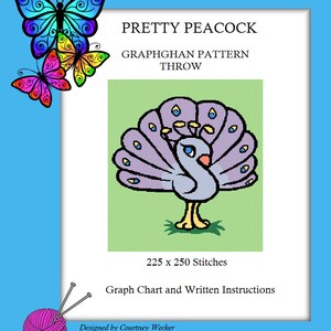 May include: A crochet pattern for a peacock throw featuring a colorful peacock illustration. The pattern includes a graph chart and written instructions. The pattern is 225 stitches wide by 250 stitches tall.