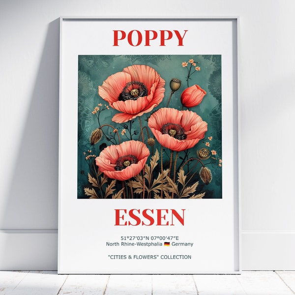 Dopamine Decor Wall Art Travel Poster. Room Decor Aesthetic Flower Wall Art. Gift for Home Decor. Essen Germany Poppy Flowers Print.