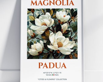 Poster de voyage dans la ville de Padoue - Art mural Padoue, Italie. Poster vintage de fleurs avec des fleurs de magnolia. Décoration botanique pour la maison - Imprimé magnolia.