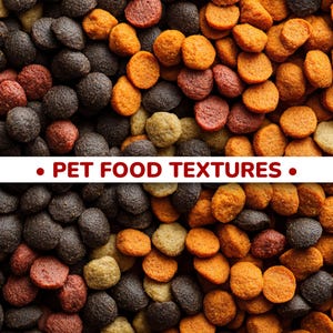 Puede incluir: Imagen de primer plano que muestra varias texturas de comida para mascotas. La imagen está dividida en secciones, mostrando una mezcla de croquetas marrón oscuro, marrón rojizo, naranja y beige. El texto "PET FOOD TEXTURES" se muestra en rojo.