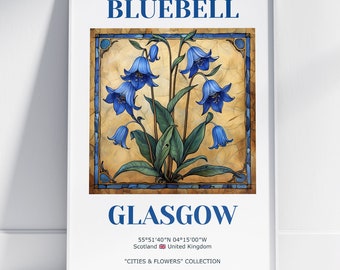 Glasgow Print, Glasgow Poster, Wall Art. Bluebell Artwork, Bluebell flowers Poster. Botanical Home Decor, Floral Digital Print