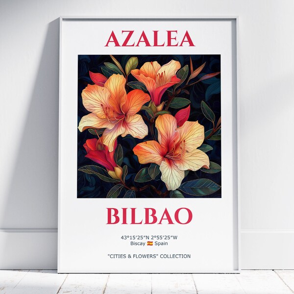 Dopamine Decor Wall Art Travel Poster. Bilbao Spain Azalea Flower Print. Room Decor Aesthetic Flower Wall Art. Gift for Home Decor.