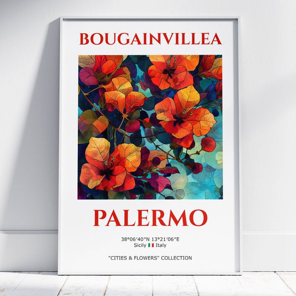 Dopamine Decor Wall Art Travel Poster. Room Decor Aesthetic Flower Wall Art. Gift for Home Decor. Palermo Italy Bougainvillea Flowers Print.