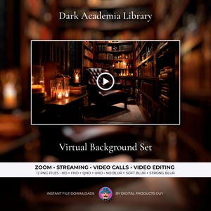 Dark Academia Zoom Background – Vintage Library Study | Blurred & Clean Backdrop – Streaming, Meetings, Video Recordings