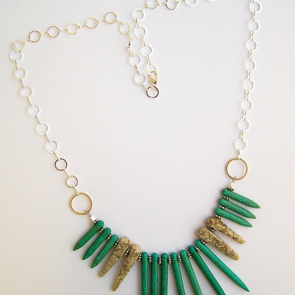 Turquoise Spike Necklace, Southwestern Tribal Style Bib Necklace with Stone Spikes & Chain - Spikes