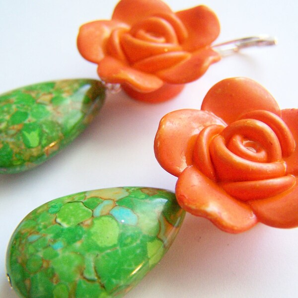Halloween Orange & Green Frida Kahlo Earrings - Carmen - Clay Flowers and Stone Drops on Leverbacks