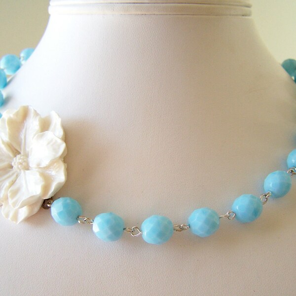 Blue Czech Glass Beaded Necklace with Off-Center Flower - Ginny - Baby Blue Czech Glass Beads