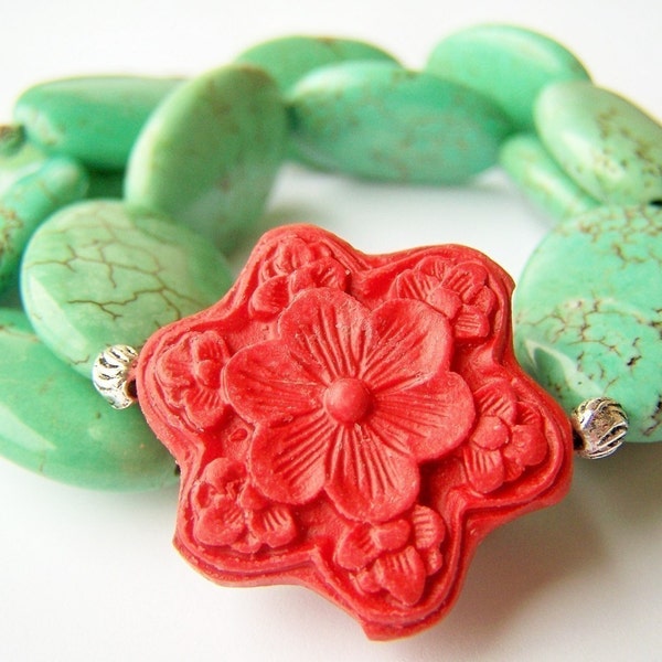 Turquoise Necklace, Turquoise Jewelry, Red Cinnabar Flower & Turquoise Stone Asymmetric Statement Jewelry, Chunky Stone Necklace - Frida