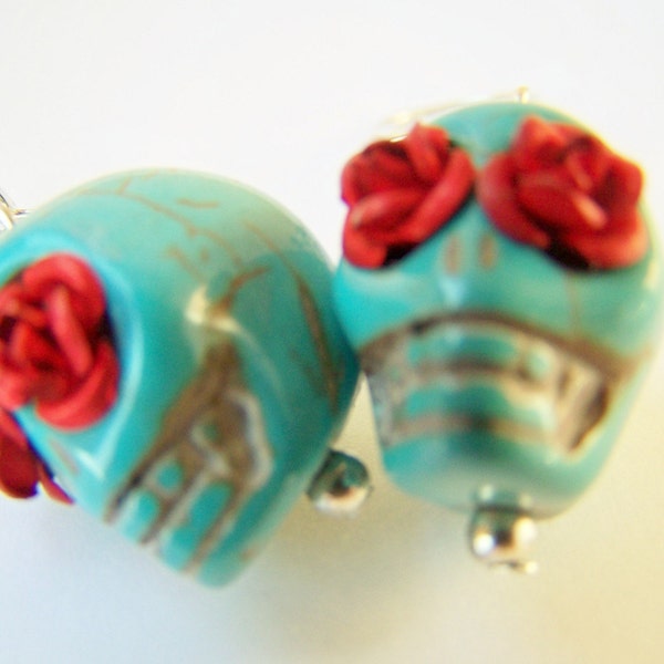 Calaveras - Day of the Dead Turquoise Skull Earrings with Red Roses