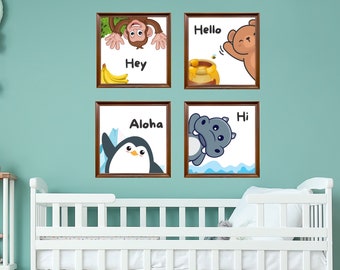 Set di 4 stampe da parete per bambini con animali dello zoo (12x12)