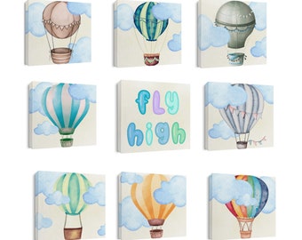 Stampe per la cameretta dei bambini con mongolfiere, decorazioni murali neutre per la cameretta dei bambini, stampe digitali per bambini della scuola materna a tema avventura trasporti