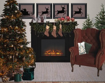 Set di quadri da parete raffiguranti la slitta di Babbo Natale e le renne.