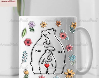 Taza de efecto inflado 3D de la familia de osos personalizada Png, taza floral de 11 oz de mamá oso, taza de 11 oz del día de las madres, taza de la familia de animales, regalo del día de las madres