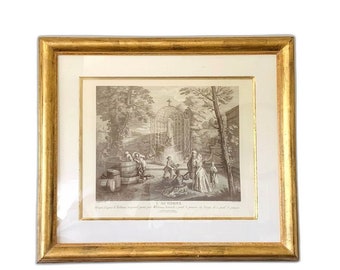 Antique etching after Jean-Antoine Watteau "L' AUTOMNE" engraving, J. Audran Sculp litho print, matted in gold wood frame