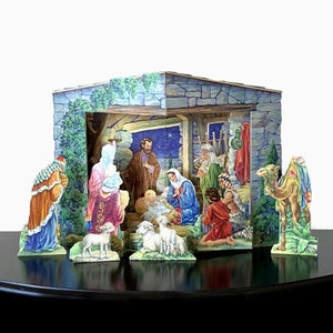 Nacimiento navideño de cartón troquelado, escena de la Primera Historia de Navidad en 3D troquelada vintage